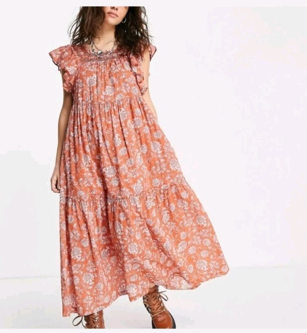 Free People Bonita Pink Floral Midi Dress Small Hand Block